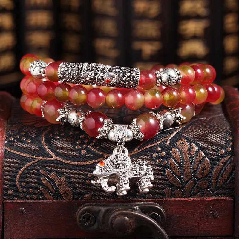 Handmade watermelon crystal bracelet with Chinese knot and geometric beads