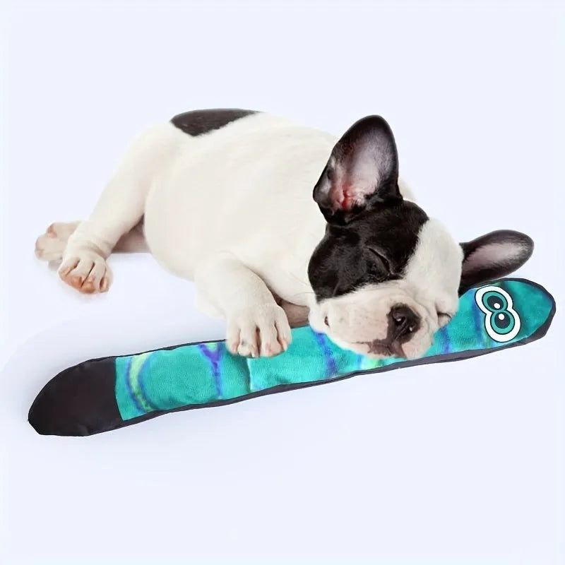 Snake shaped plush dog toy with stripe print and squeaker