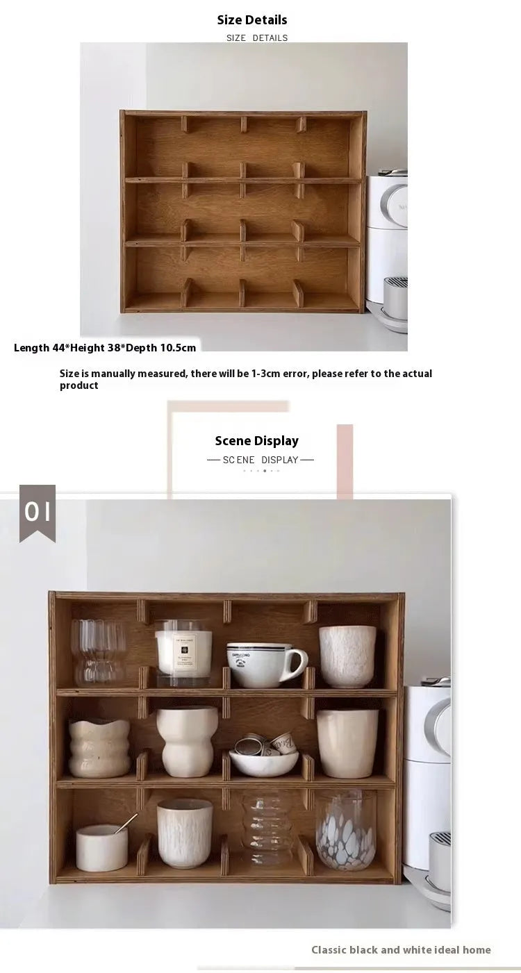 Square solid wood cup storage rack with multiple grid compartments in birch meridian colour finish