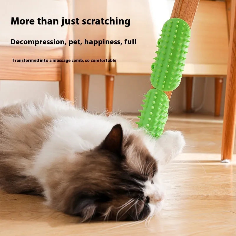 Silicone cat grooming comb with adjustable strap mounted on table leg