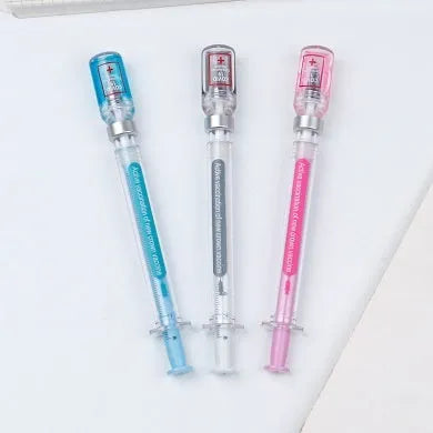 Vaccine design gel pen with black 0.5mm needle point refill and plastic construction