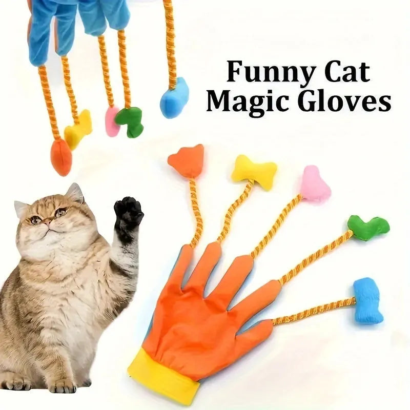 Yellow and blue plush Magic Glove cat toy with trailing tail and integrated bell