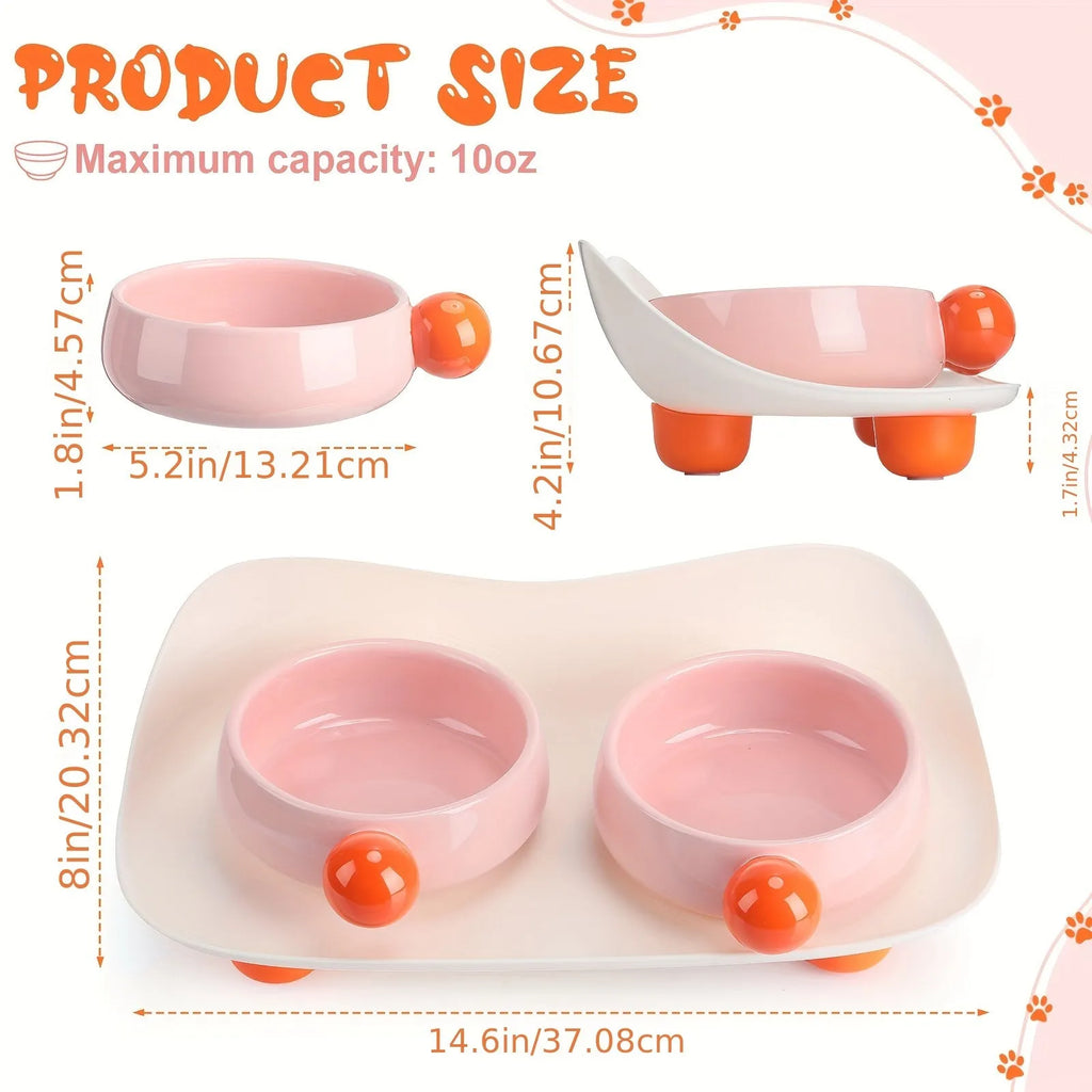Raised ceramic dual pet feeding bowl in pink, yellow, or pink yellow with non-slip base