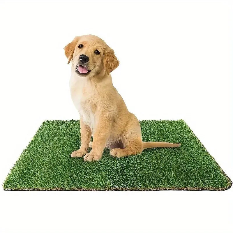 Artificial grass dog toilet training mat with drainage holes and rubber backing in three size options.