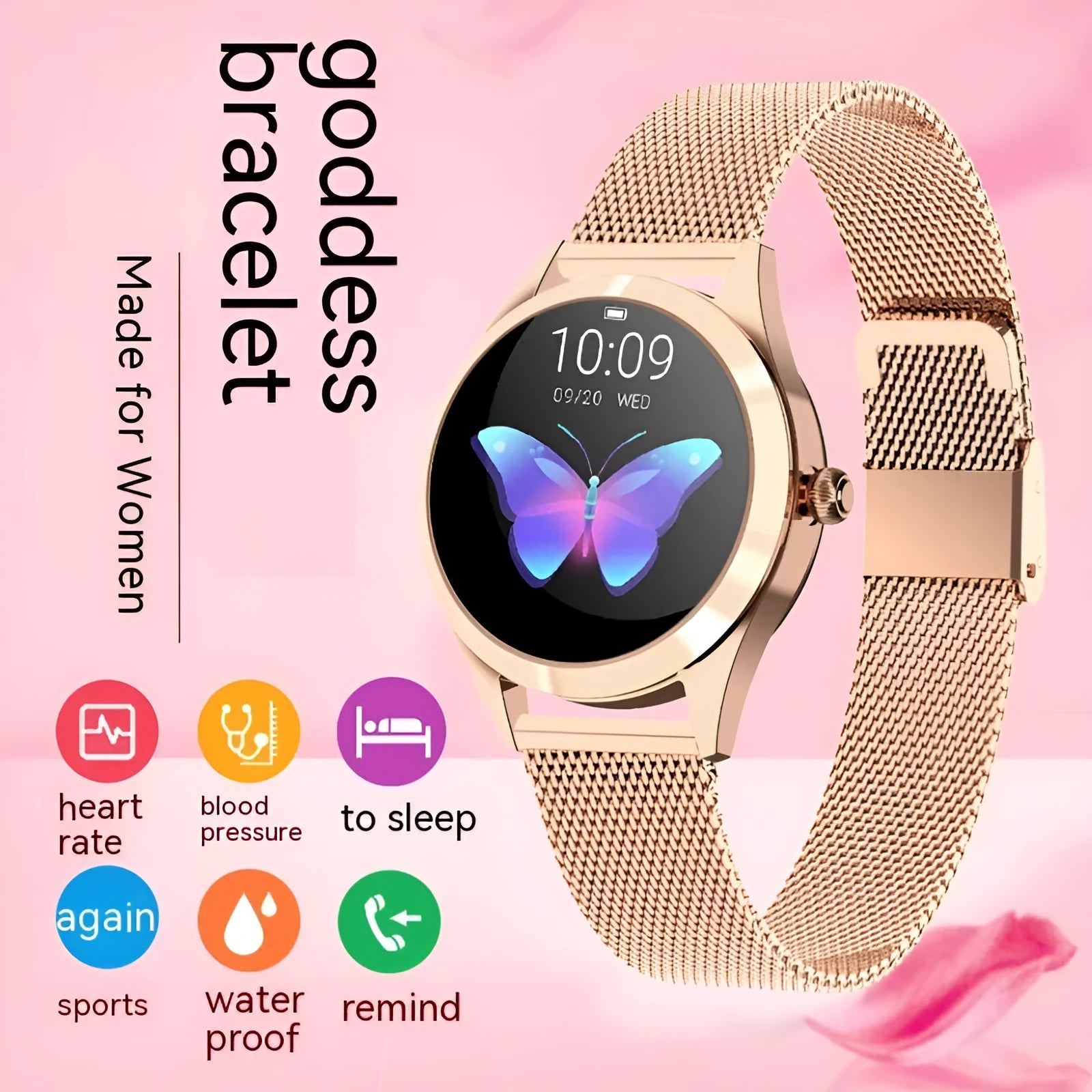 Women's multi-functional sports smartwatch showing heart rate monitoring and available in four colours