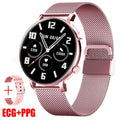 Black business smartwatch with stainless steel strap on a wrist, showing call and health tracking screen.