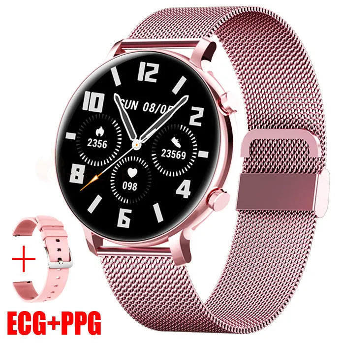 Black business smartwatch with stainless steel strap on a wrist, showing call and health tracking screen.