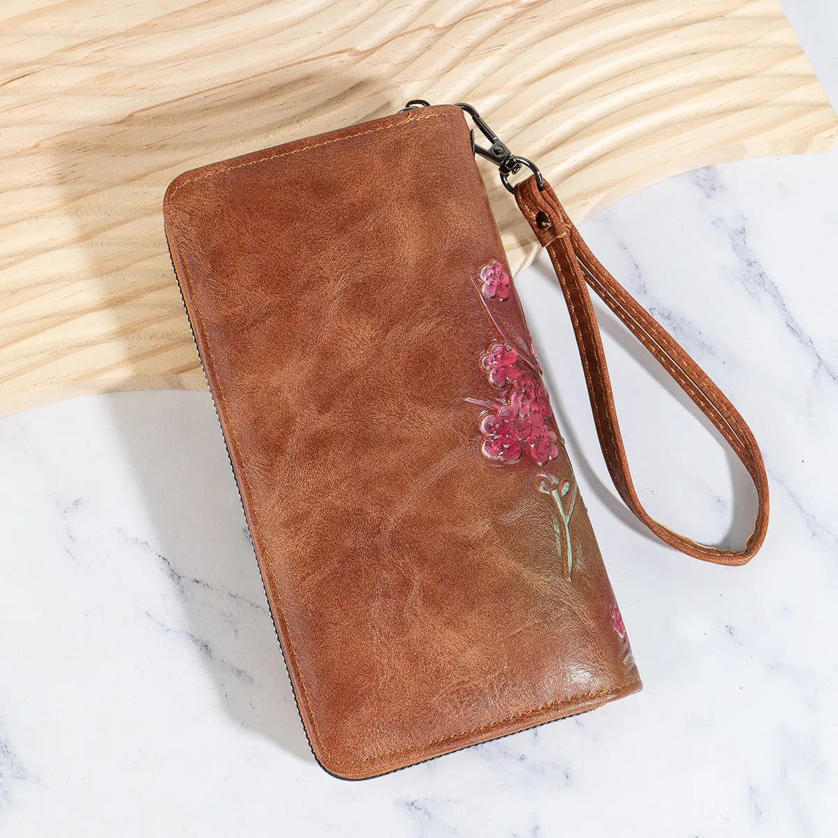 Chinese style embossed floral handbag with zipper closure in black, brown or coffee colours