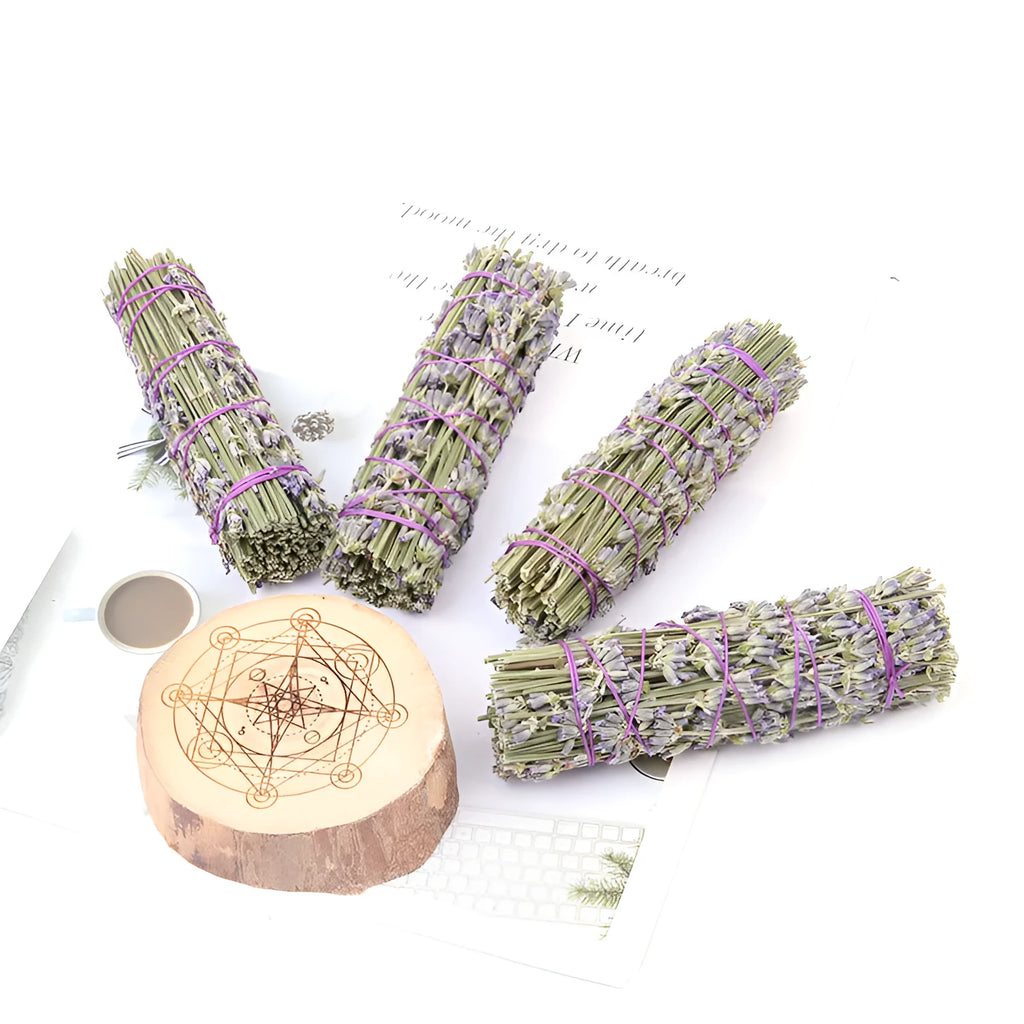 A single 4-inch long dried lavender aromatherapy stick on a plain background.
