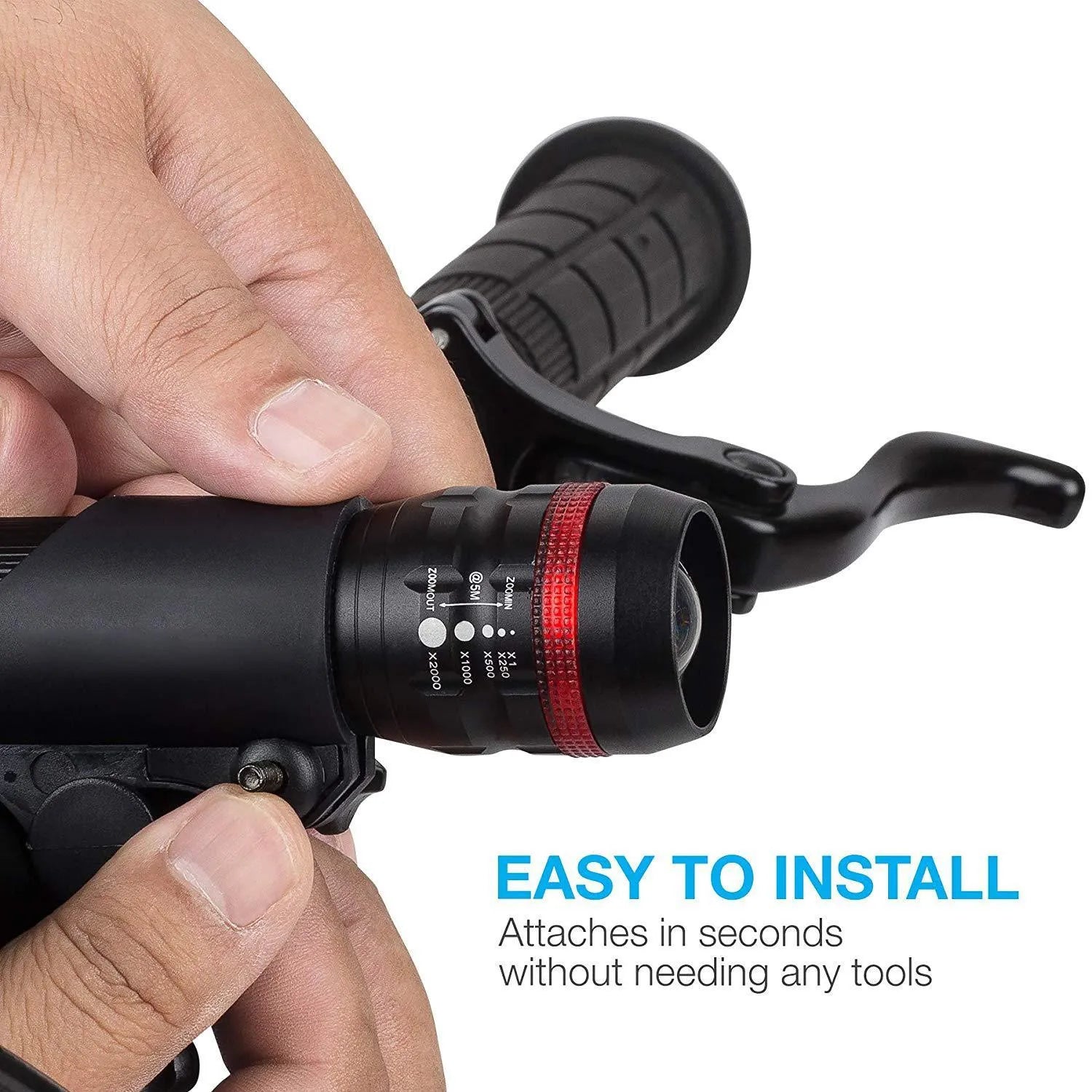Bicycle headlight and taillight set with mounting bracket on a bike handlebar.