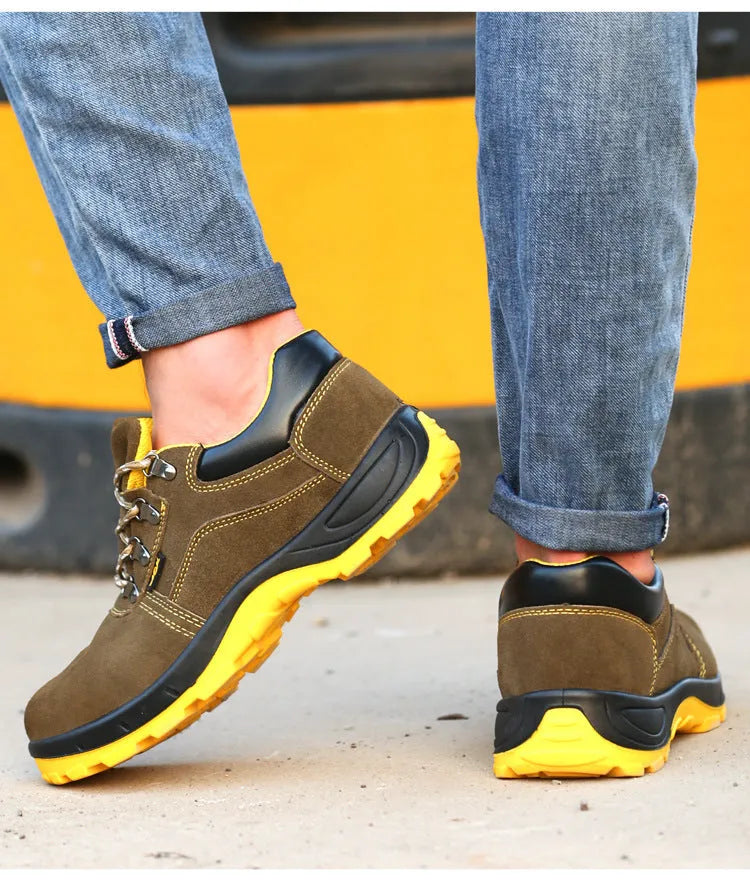 Bronze cow suede steel toe safety boots with anti-skid sole for workplace protection