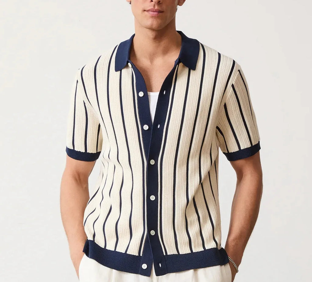 Men's white asymmetric striped knitted top with lapel collar and short sleeves