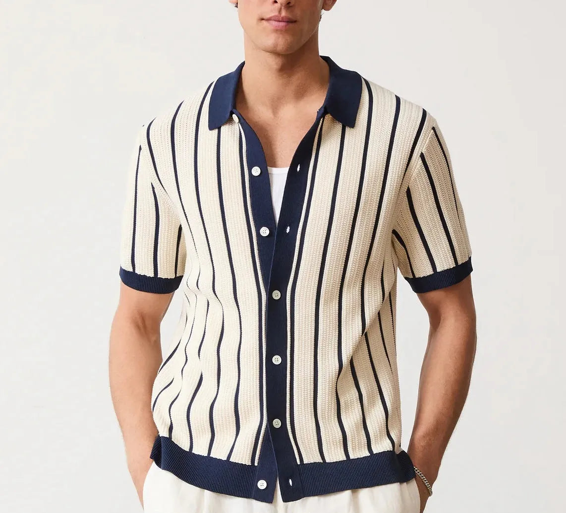 Men's white asymmetric striped knitted top with lapel collar and short sleeves