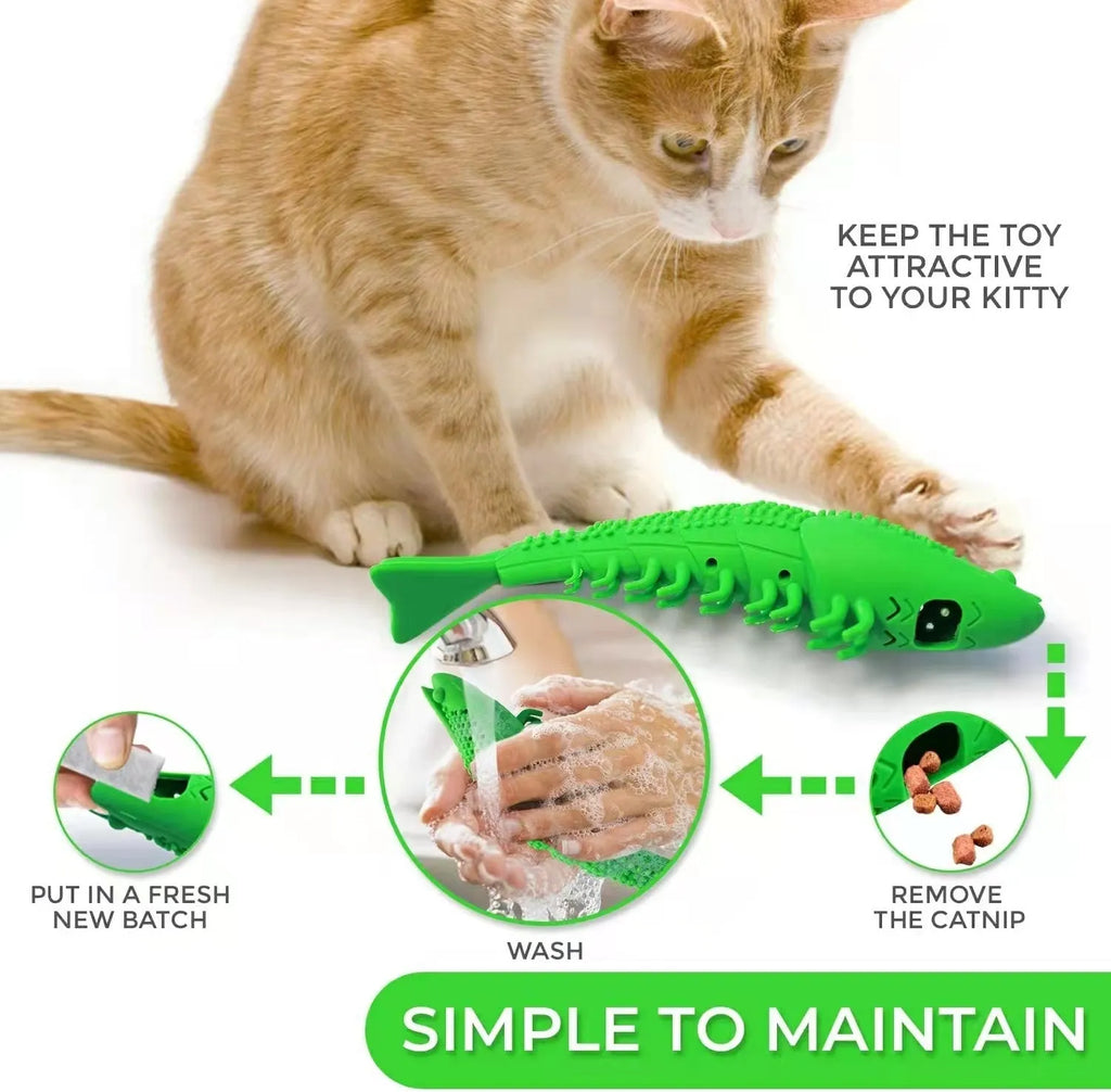 Blue hard rubber cat chew toy with dental cleaning function and bell inside.