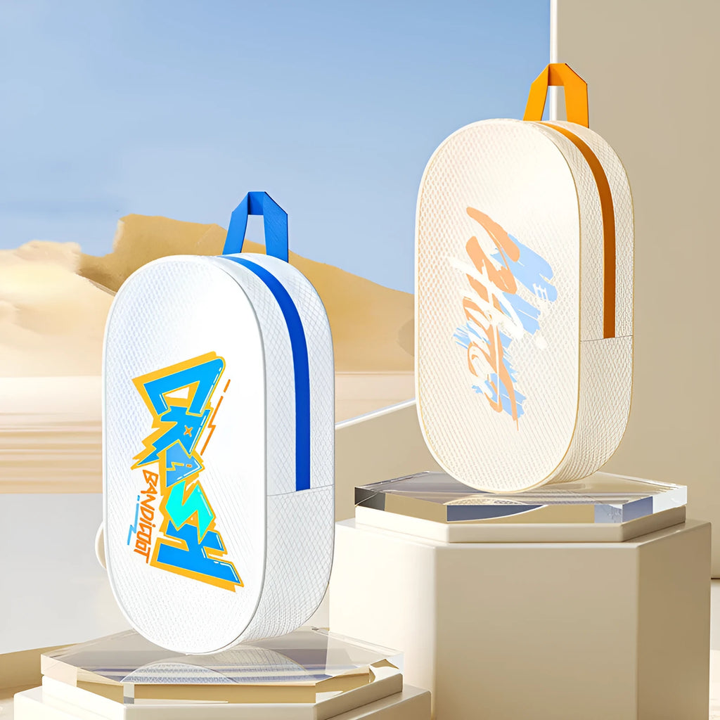 Waterproof EVA storage bag for swimming, shown in orange, red, violet and white colour options.