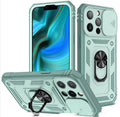 Sergeant sliding window magnetic ring drop-resistant phone case for Apple iPhone, black, rear view showing sliding window and alloy ring