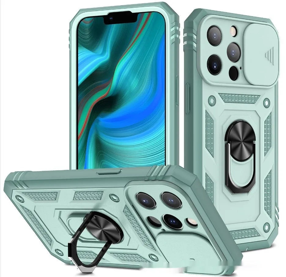 Sergeant sliding window magnetic ring drop-resistant phone case for Apple iPhone, black, rear view showing sliding window and alloy ring