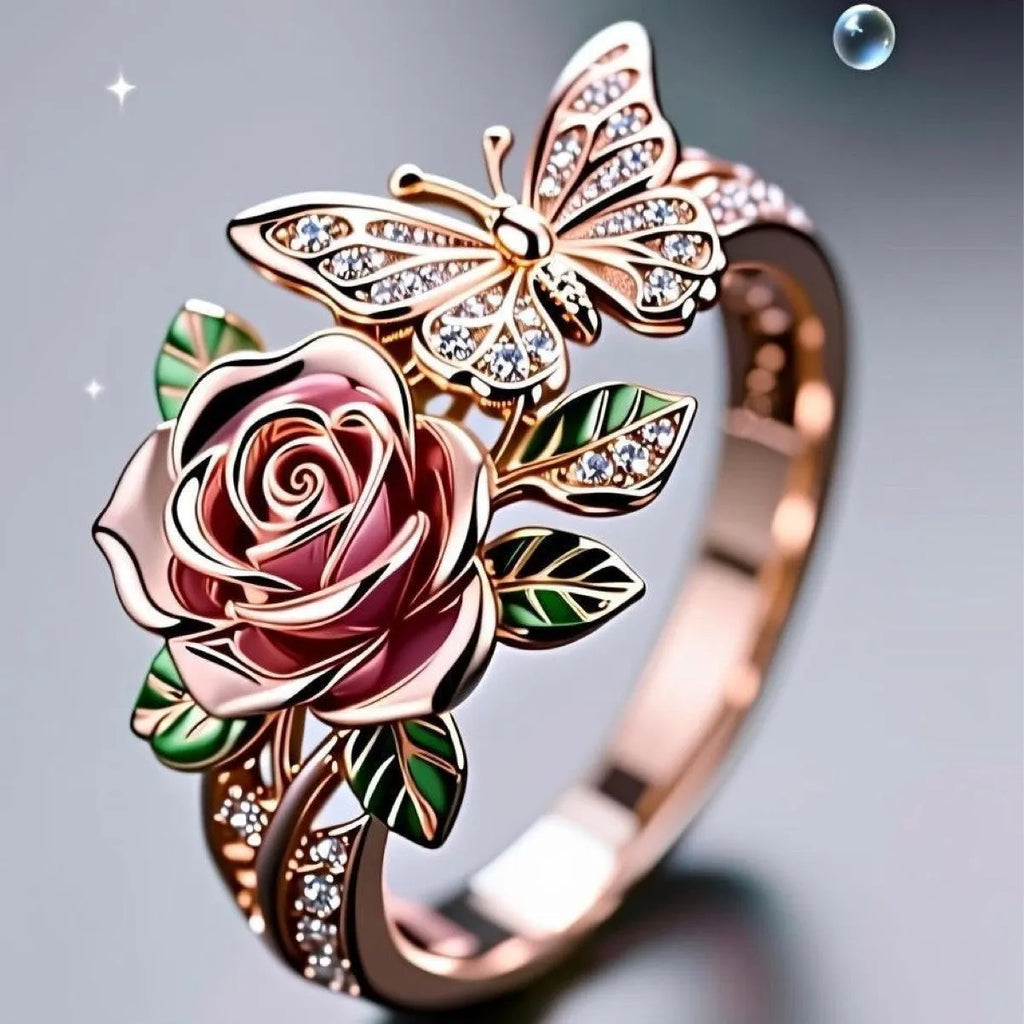 Adjustable colourful butterfly ring with oil drip finish and rose leaf details on alloy band