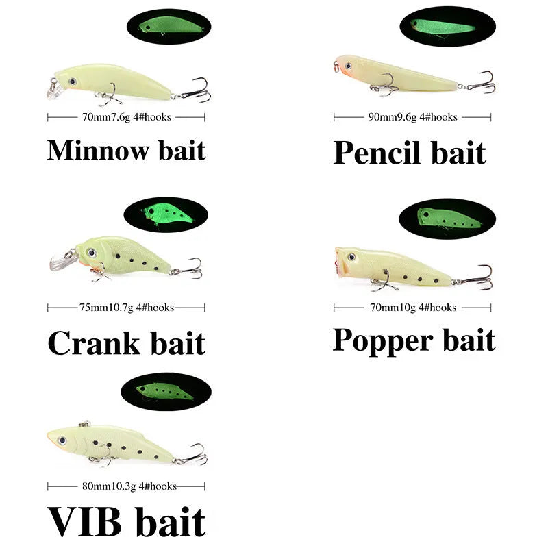 Five 3D fluorescent hard fishing lures with luminous design in multi-colour set
