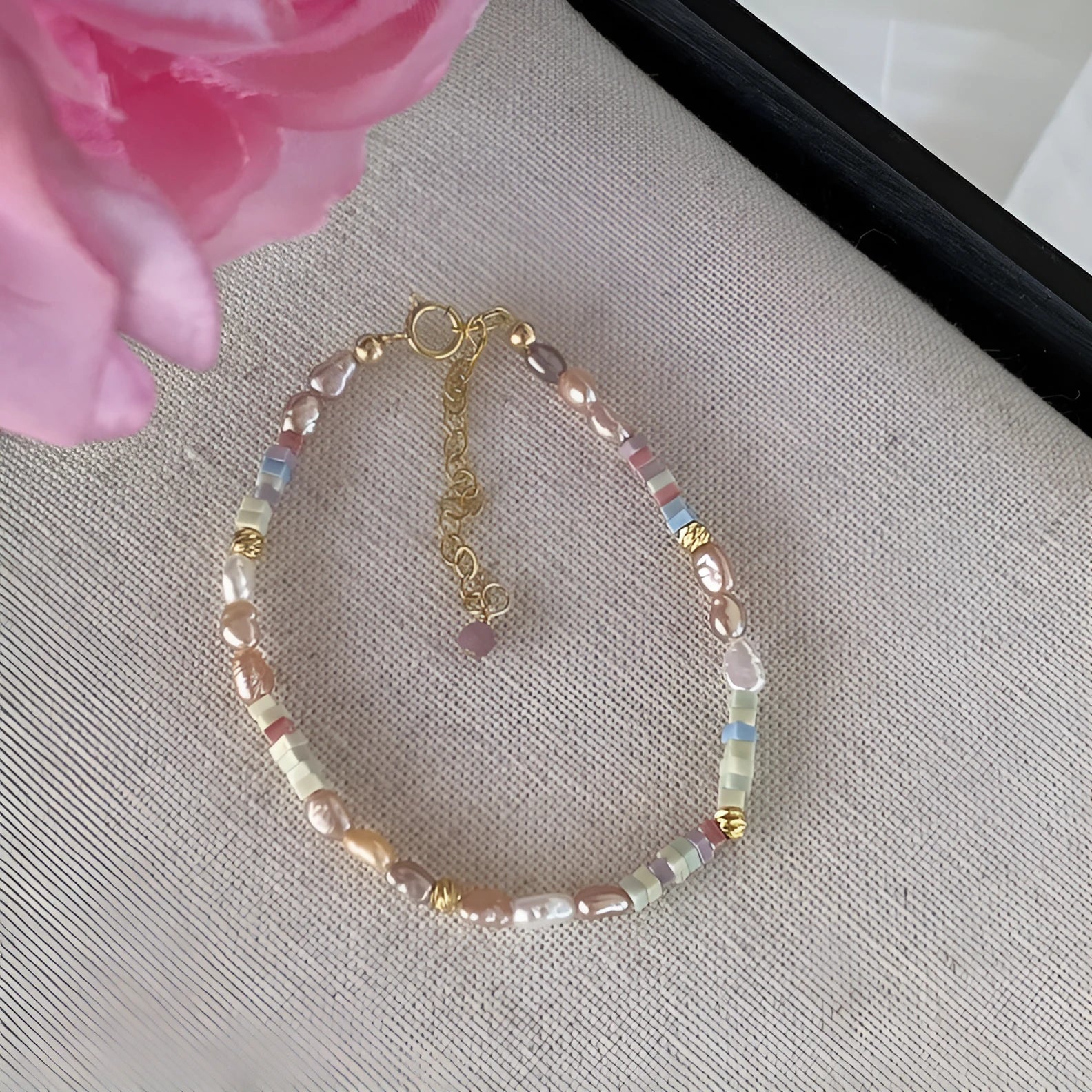 Natural purple silver pearl bracelet and necklace set with 14K gilded finish and irregular mini pearls