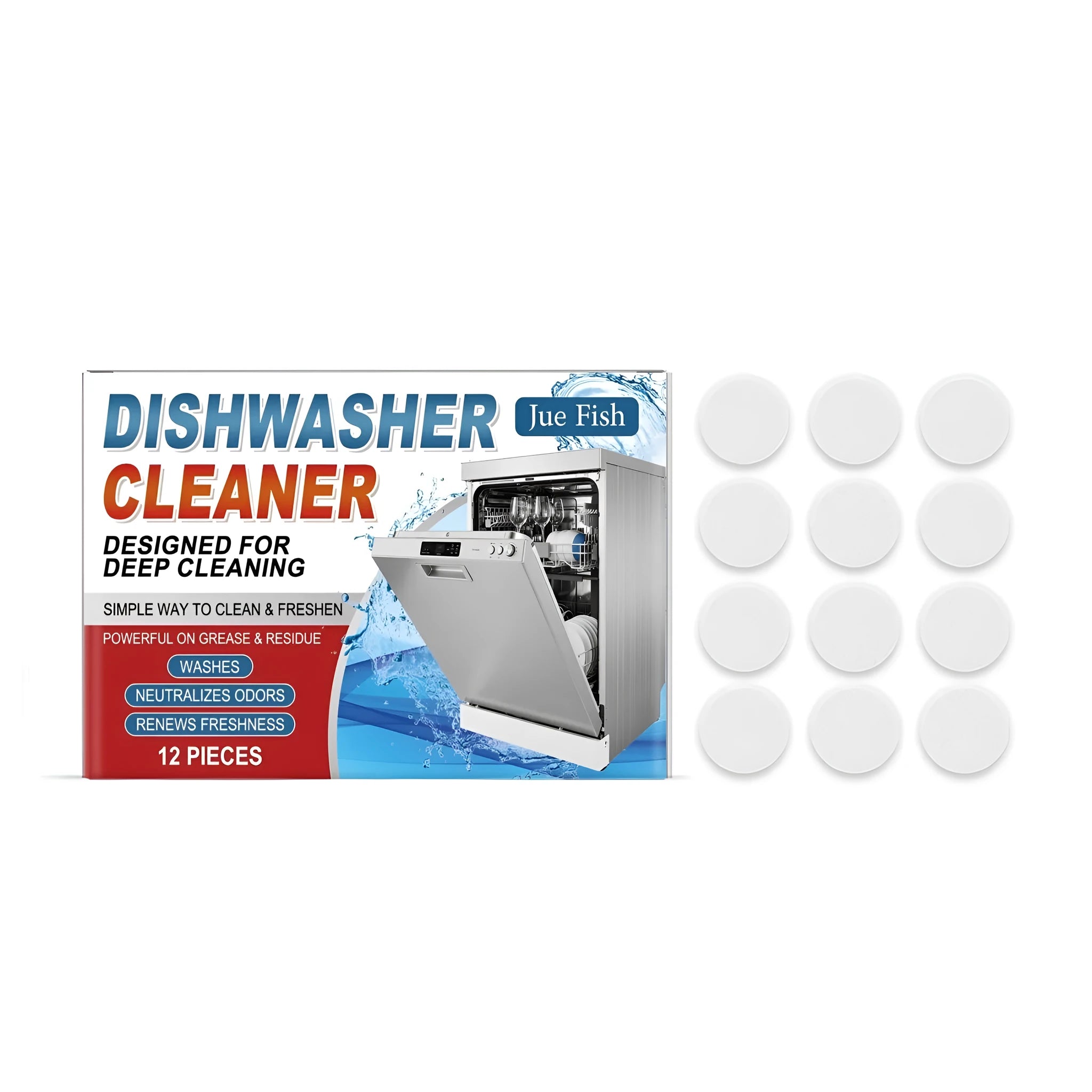 A pack of 12 household dishwasher cleaning tablets for appliance maintenance.