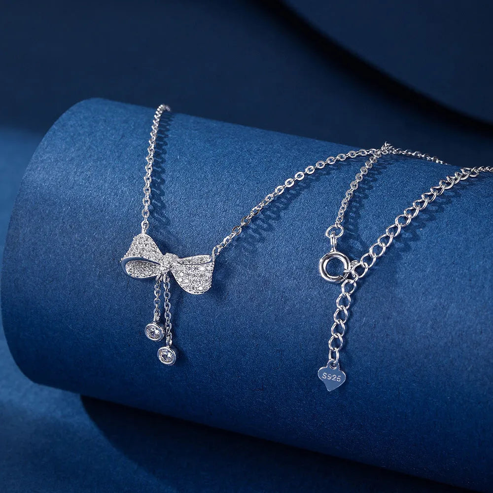 S925 sterling silver bow pendant necklace on adjustable 40cm-45cm O-ring chain