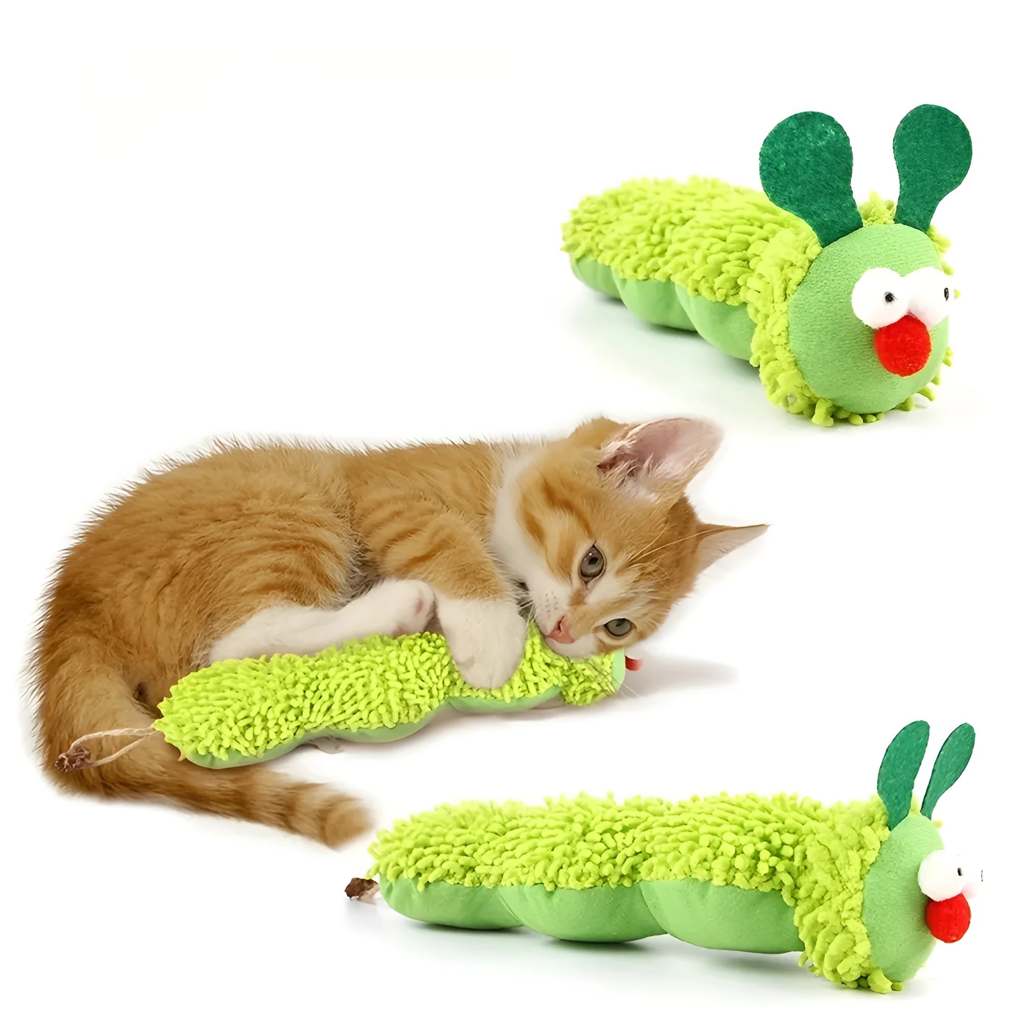 Green interactive plush cat toy with a feather teaser, shown next to a tape measure indicating 24 cm length.