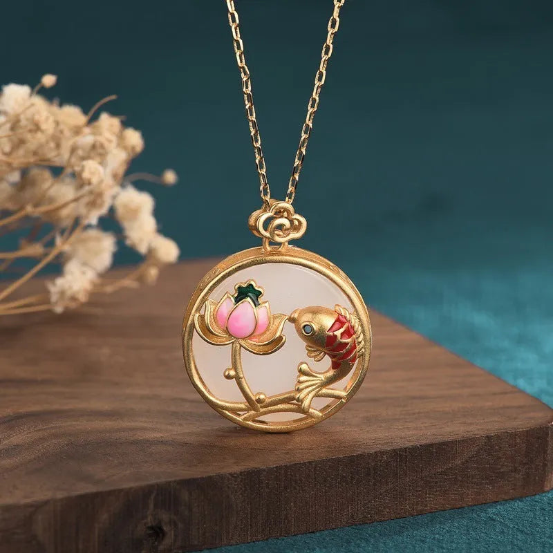 Gold-plated Hetian jade peace buckle necklace on woman, O-ring chain, 41-50cm adjustable, mixed gem inlay, retro style