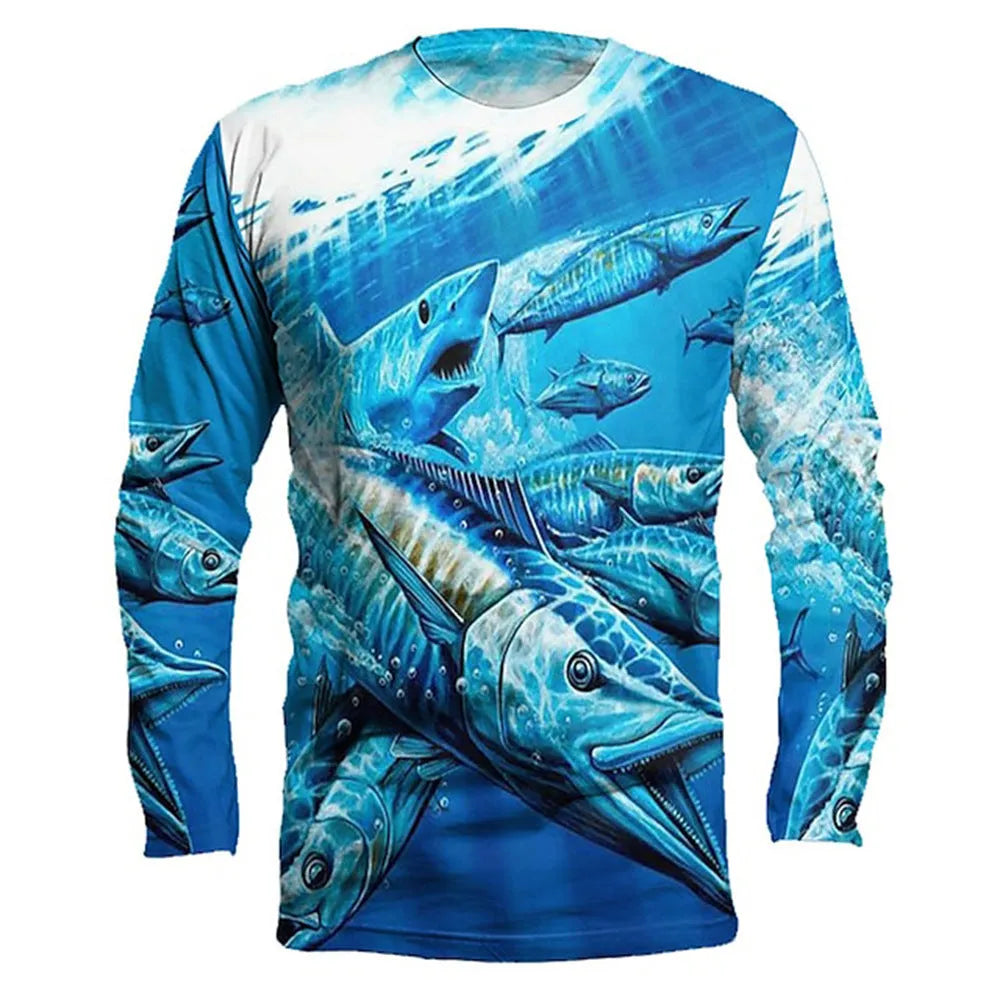 Man wearing a long-sleeved milk silk pullover with a blue and white fish print design.