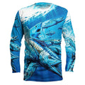 Man wearing a long-sleeved milk silk pullover with a blue and white fish print design.