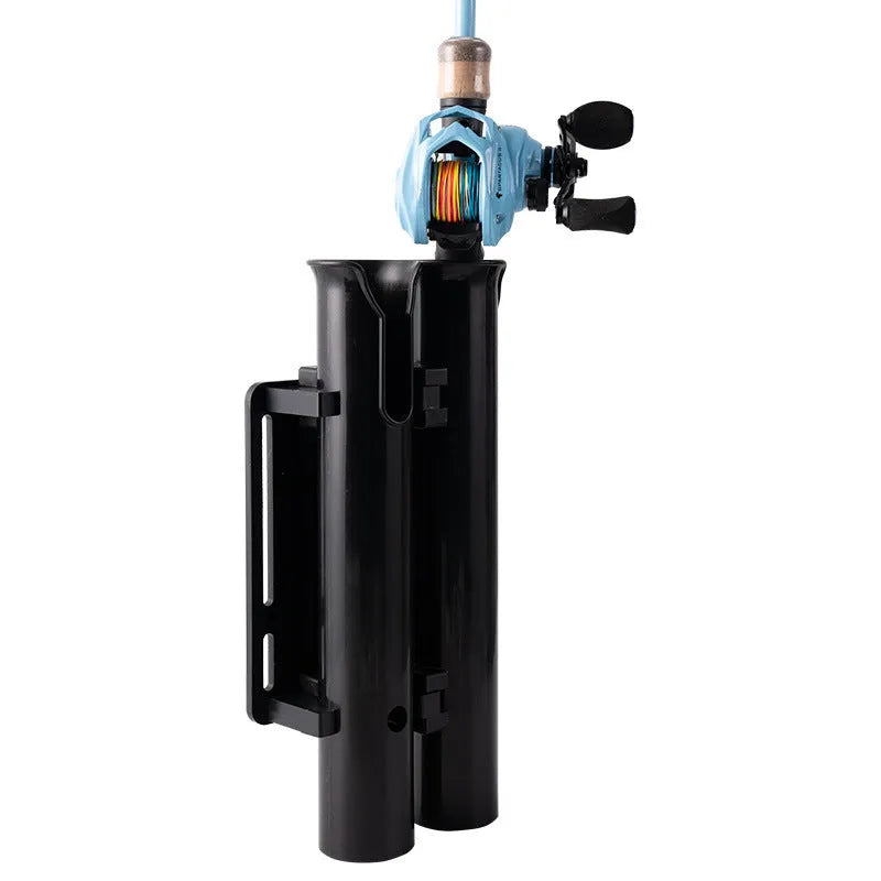 Carbon fibre fishing rod rack with double-layer plastic cradle mounted on bicycle handlebars