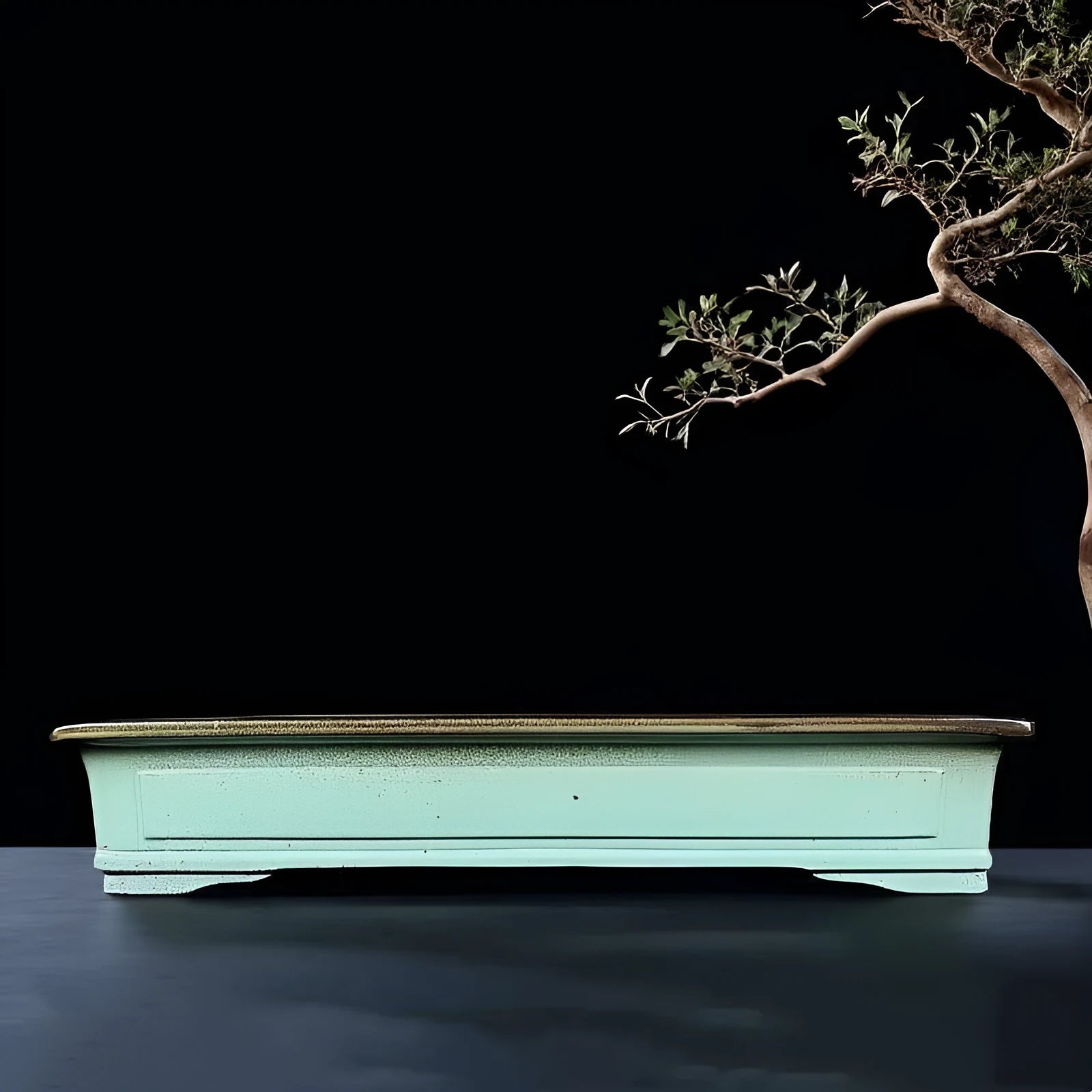 Green handmade ceramic bonsai pot with purple sand crackled glaze finish