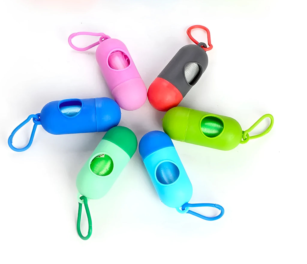 A pack of five rolled dog poop bags in a choice of colours on a white background.