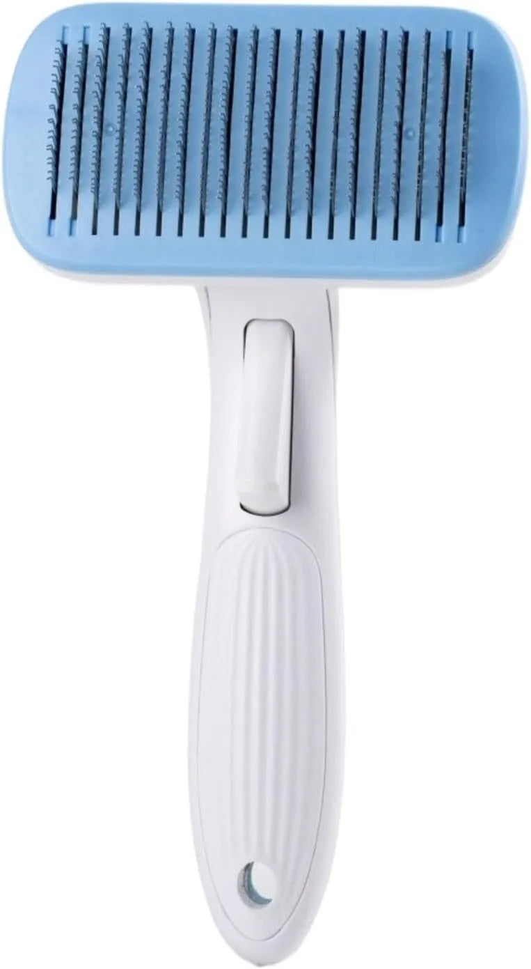 Blue automatic pet hair removal comb on a table, showing its size and one-click button.