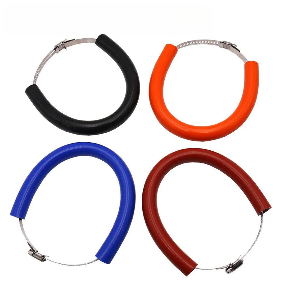 Universal motorcycle exhaust pipe gasket in black, blue, and orange colours