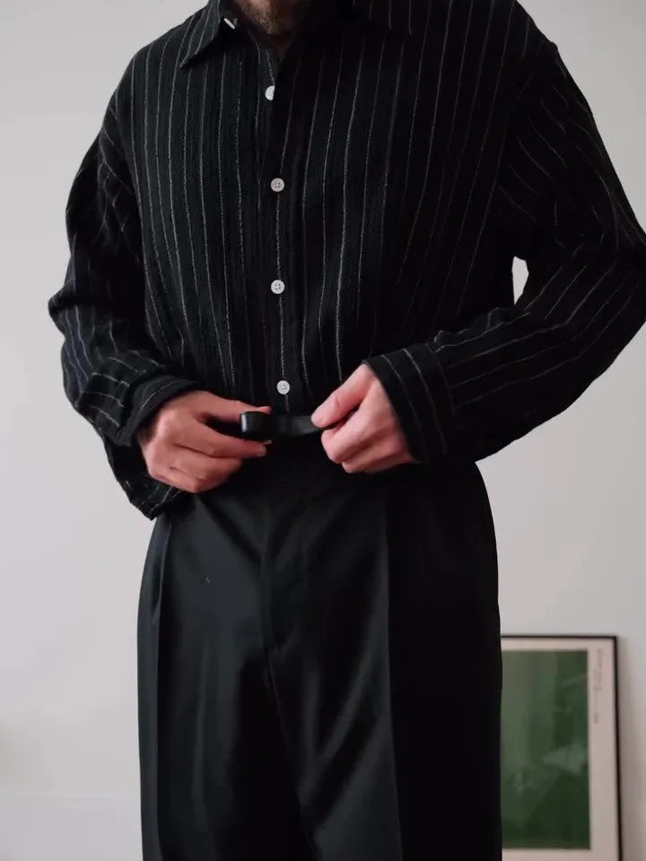 Black pinstriped button-down shirt with regular fit on mannequin