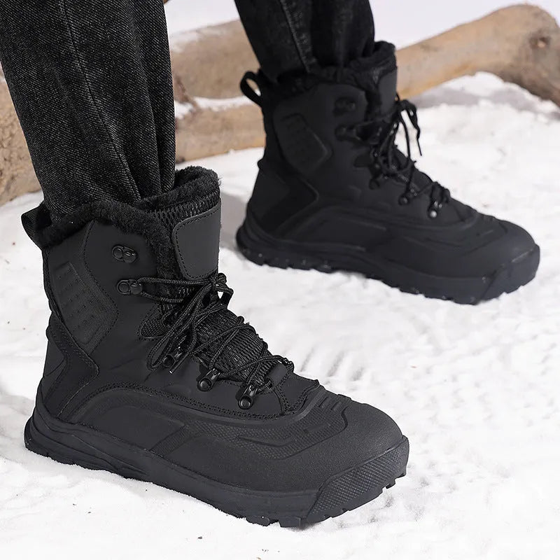 Men's black high-top lace-up winter boots with fleece lining, shown on a size 45 foot.