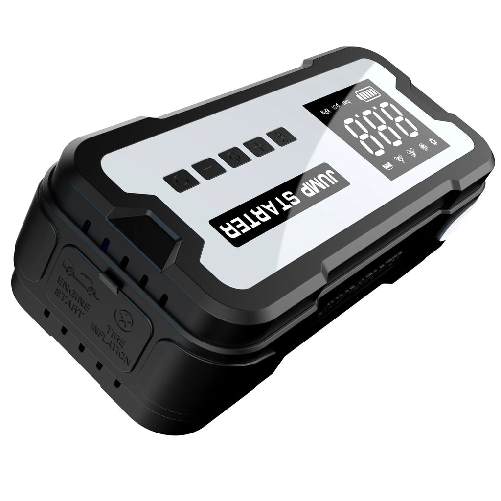 Automobile emergency start power source with clips and LED light on a grey background