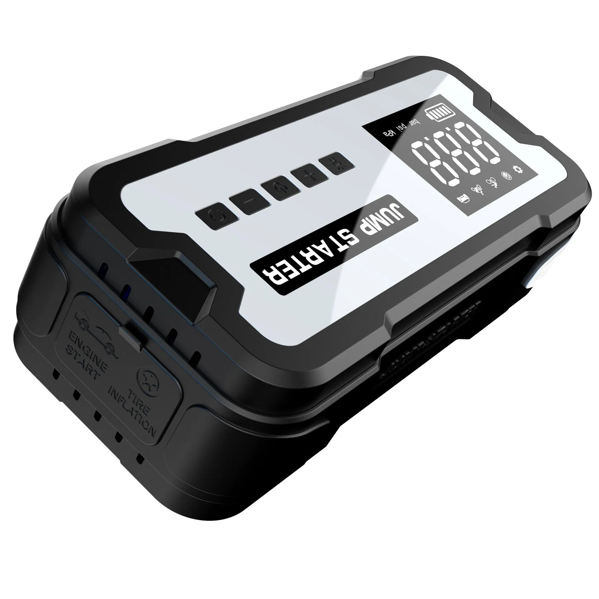 Automobile emergency start power source with clips and LED light on a grey background