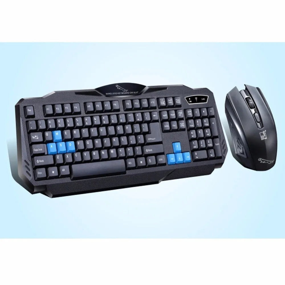 Wireless black keyboard and mouse combo with 2.4G USB receiver on desk
