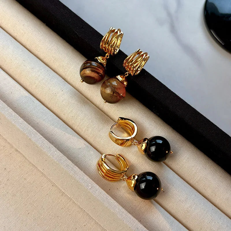 Gold plated geometric tigereye earrings in French retro style for women