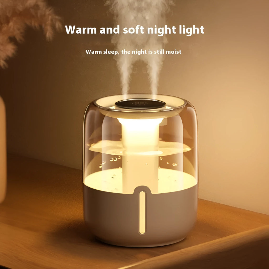Beige round USB-powered humidifier with dual spray nozzles, night light, and display panel.