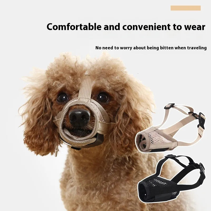 Pet dog anti-bite breathable mesh muzzle in khaki with drinking faucet opening, five sizes available