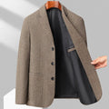 Men's solid colour woolen style coat in a loose fit, shown in black, khaki, grey, or dark blue.