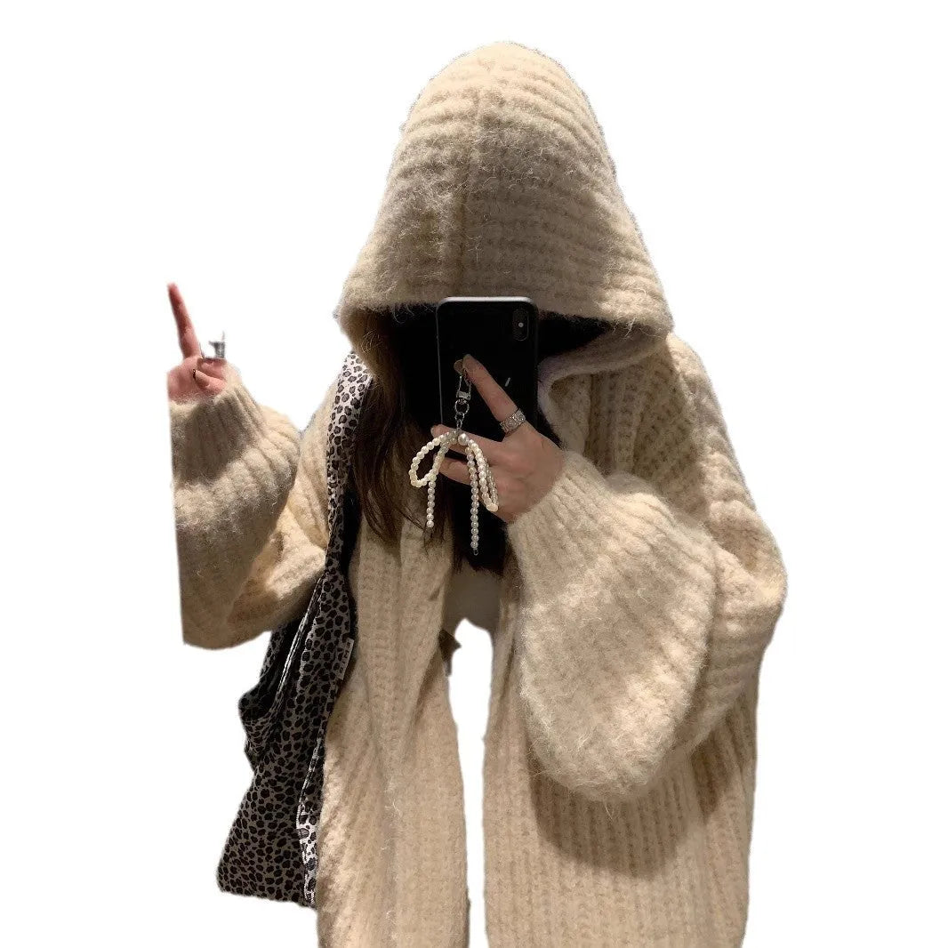 Brown loose-fit hooded cardigan sweater for women on a hanger