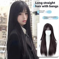 Long straight synthetic wig with bangs in brown black colour showing medium parting style