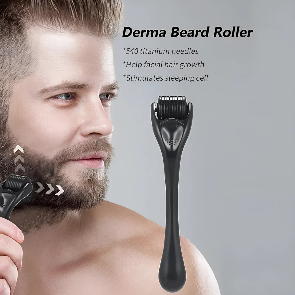 Black and purple derma rollers with titanium microneedles, showing size options from 0.2mm to 1.0mm