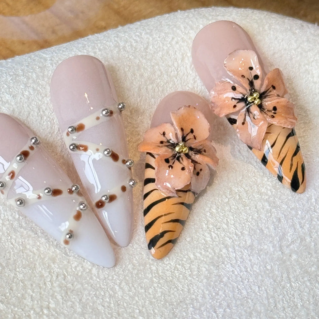 Handmade leopard print French style press-on nail tips with cross and floral patterns