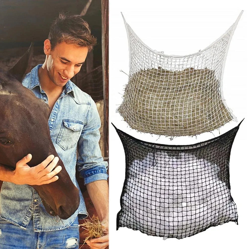 Woven PE rope feeding bag with grid design for horses and cattle in agricultural setting