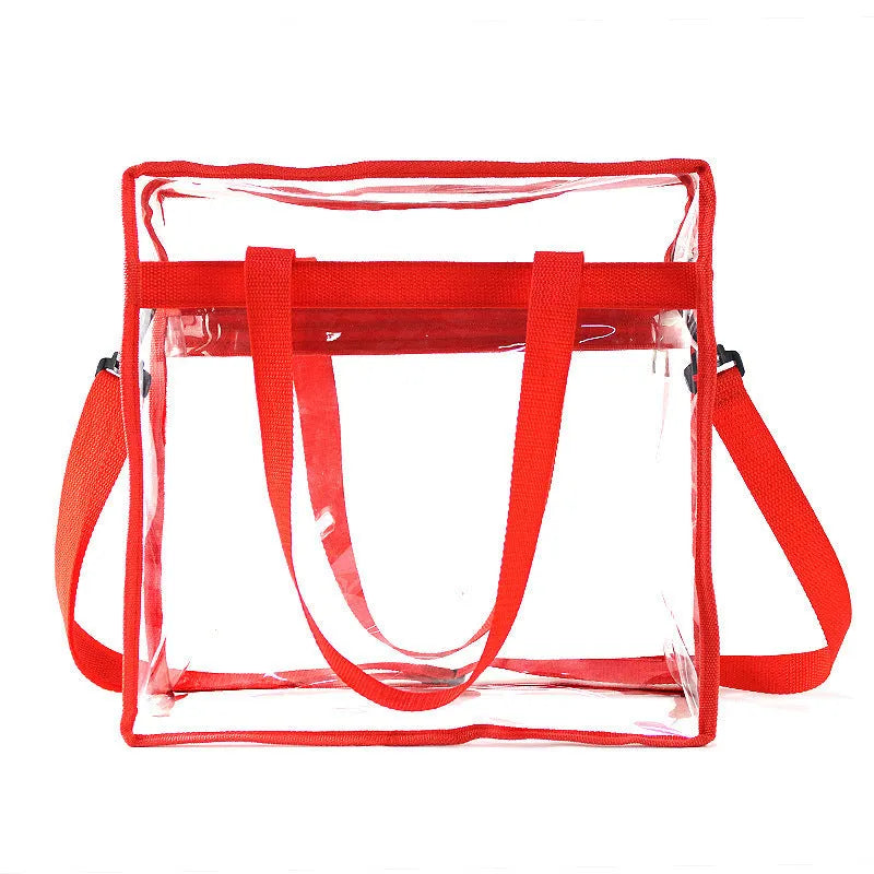Transparent clear PVC women's messenger bag with double shoulder straps, shown in a brown front bag colour variant.